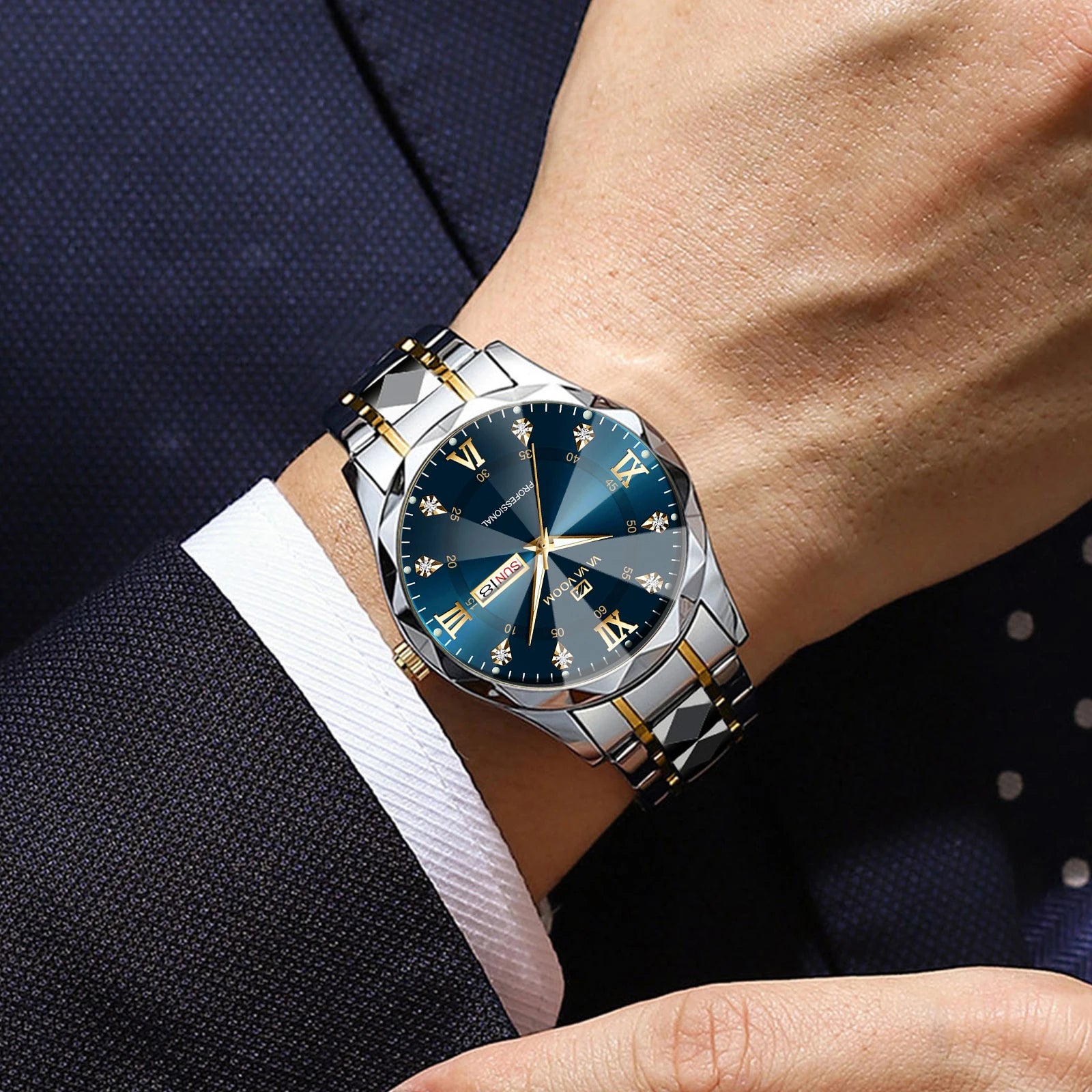 Men’s Diamond Night-Glow Business Watch by Lamp Post, 41mm blue and gold stainless steel with dual calendar quartz.