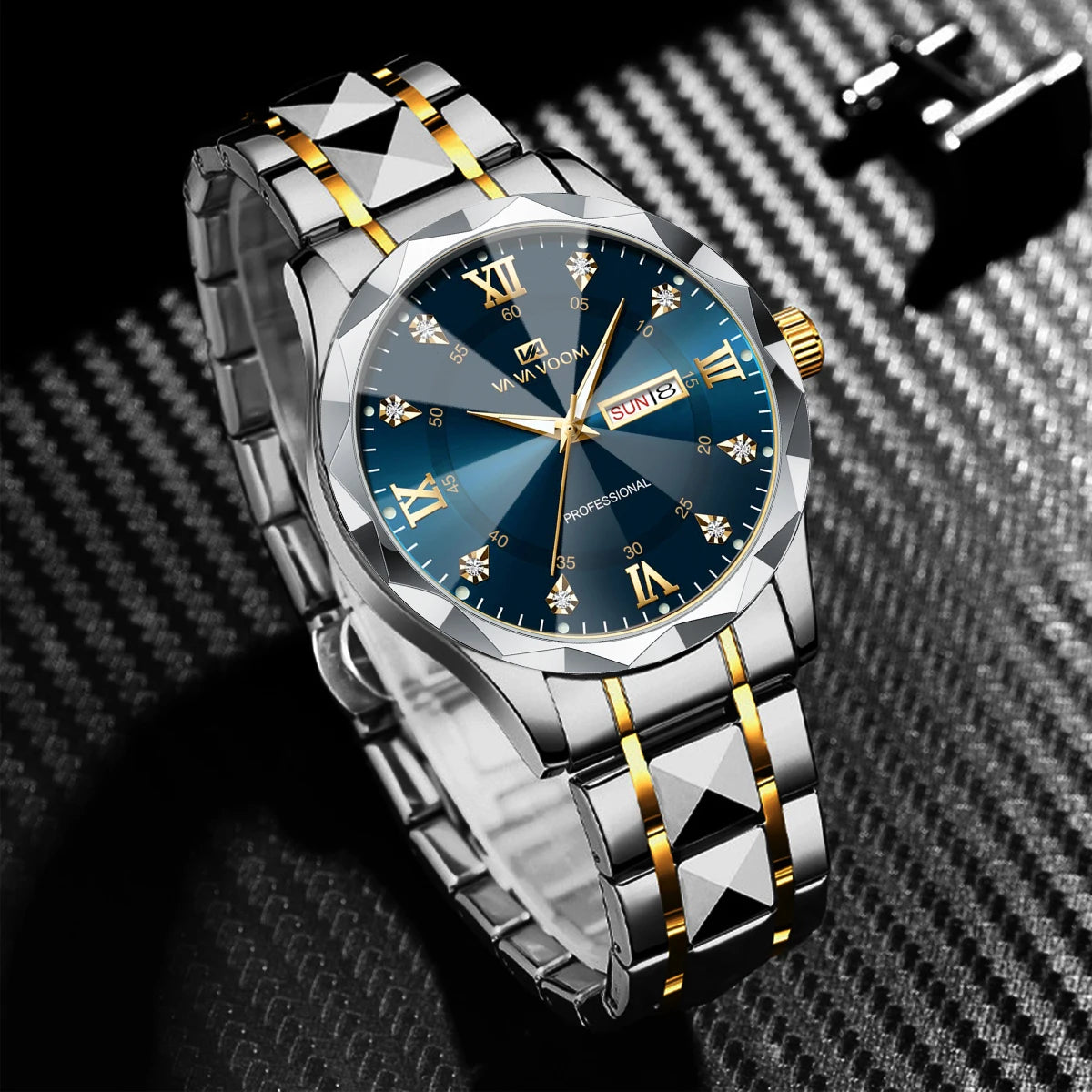 Men’s Diamond Night-Glow Business Watch by Lamp Post, 41mm blue and gold stainless steel with dual calendar quartz display.