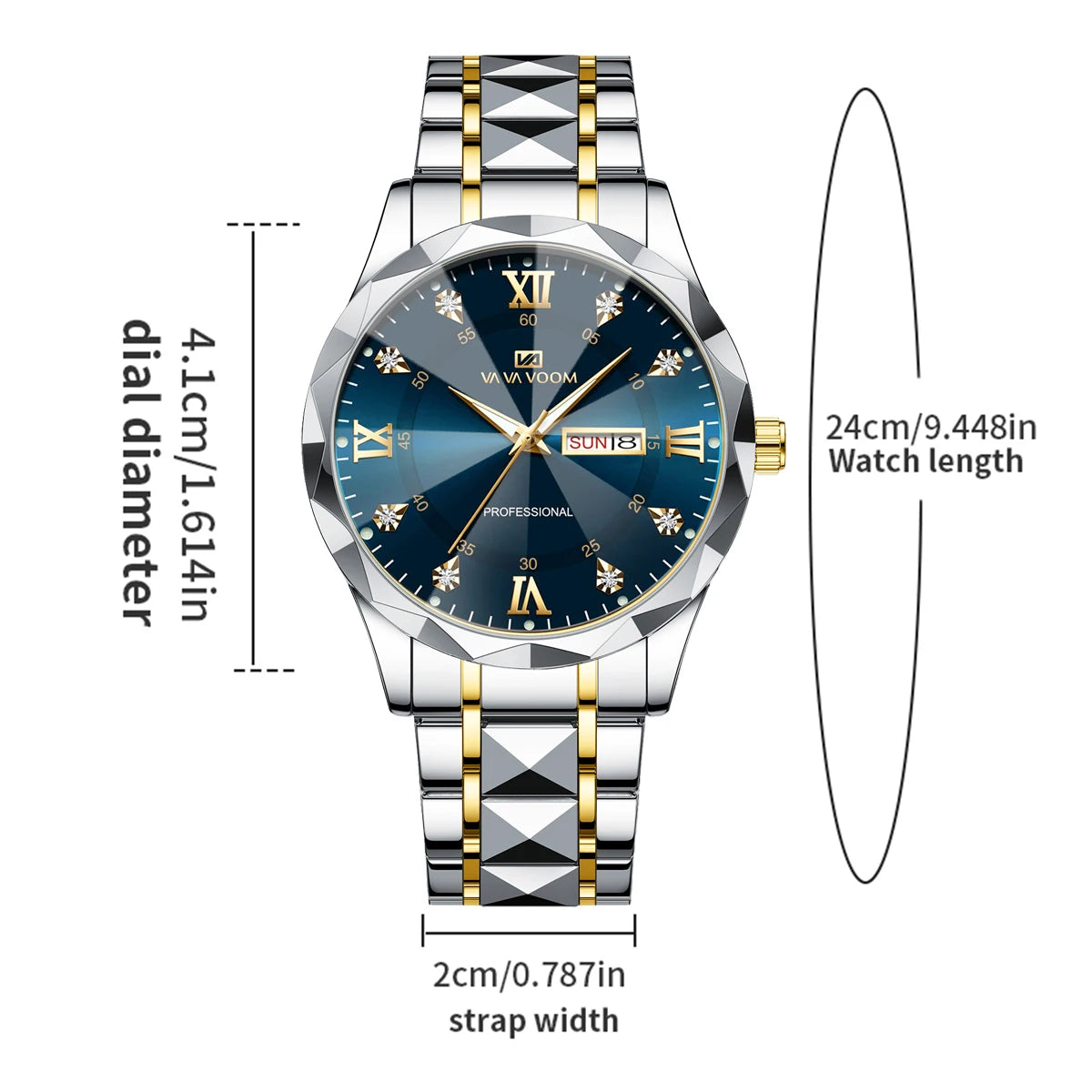 Men’s Diamond Night-Glow Business Watch by Lamp Post, 41mm blue and gold stainless steel with dual calendar and quartz movement.