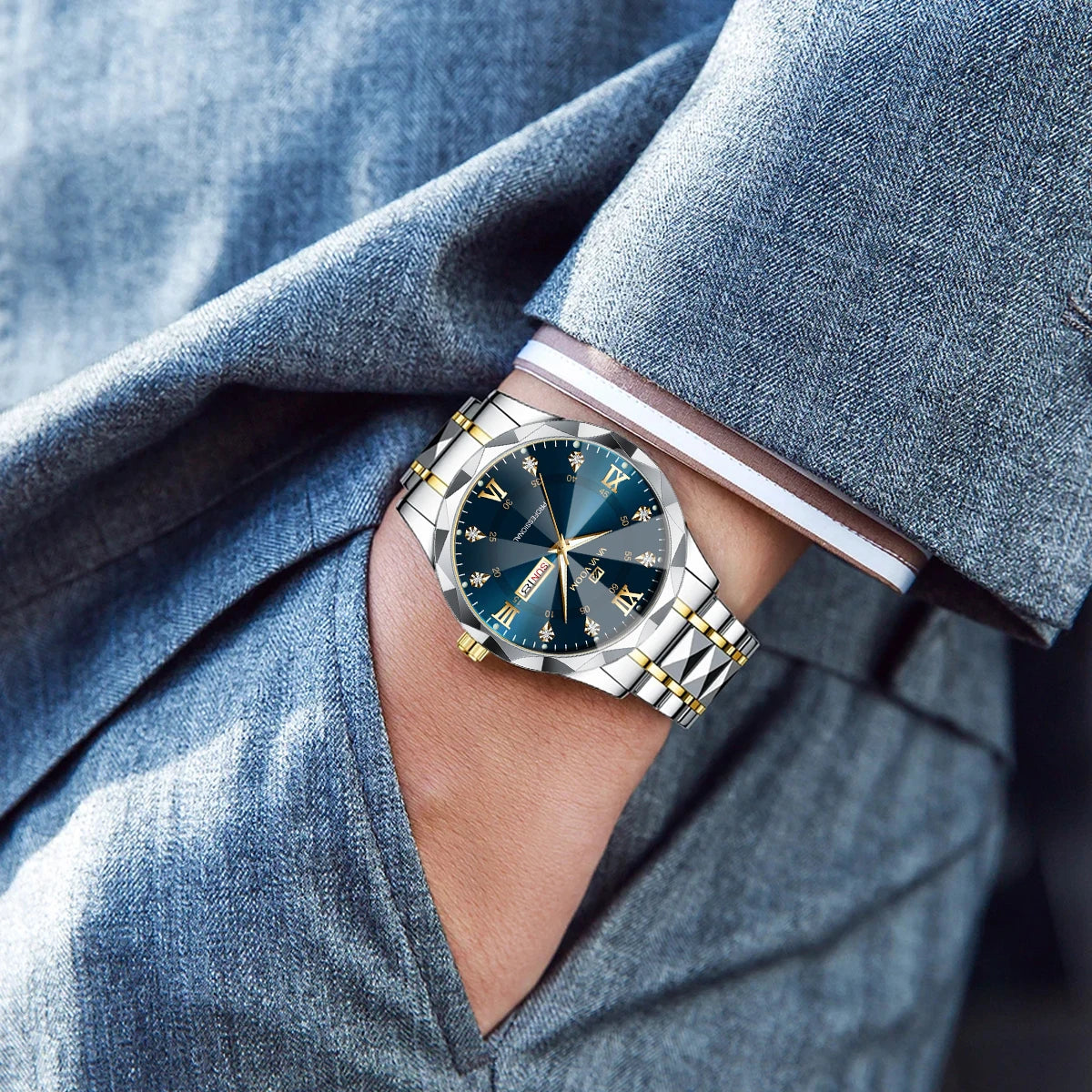 Men’s Diamond Night-Glow Business Watch by Lamp Post, 41mm blue and gold stainless steel with dual calendar quartz movement.