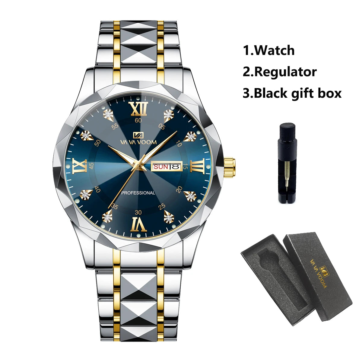 Men’s Diamond Night-Glow Business Watch by Lamp Post, 41mm blue and gold stainless steel, dual calendar quartz watch.