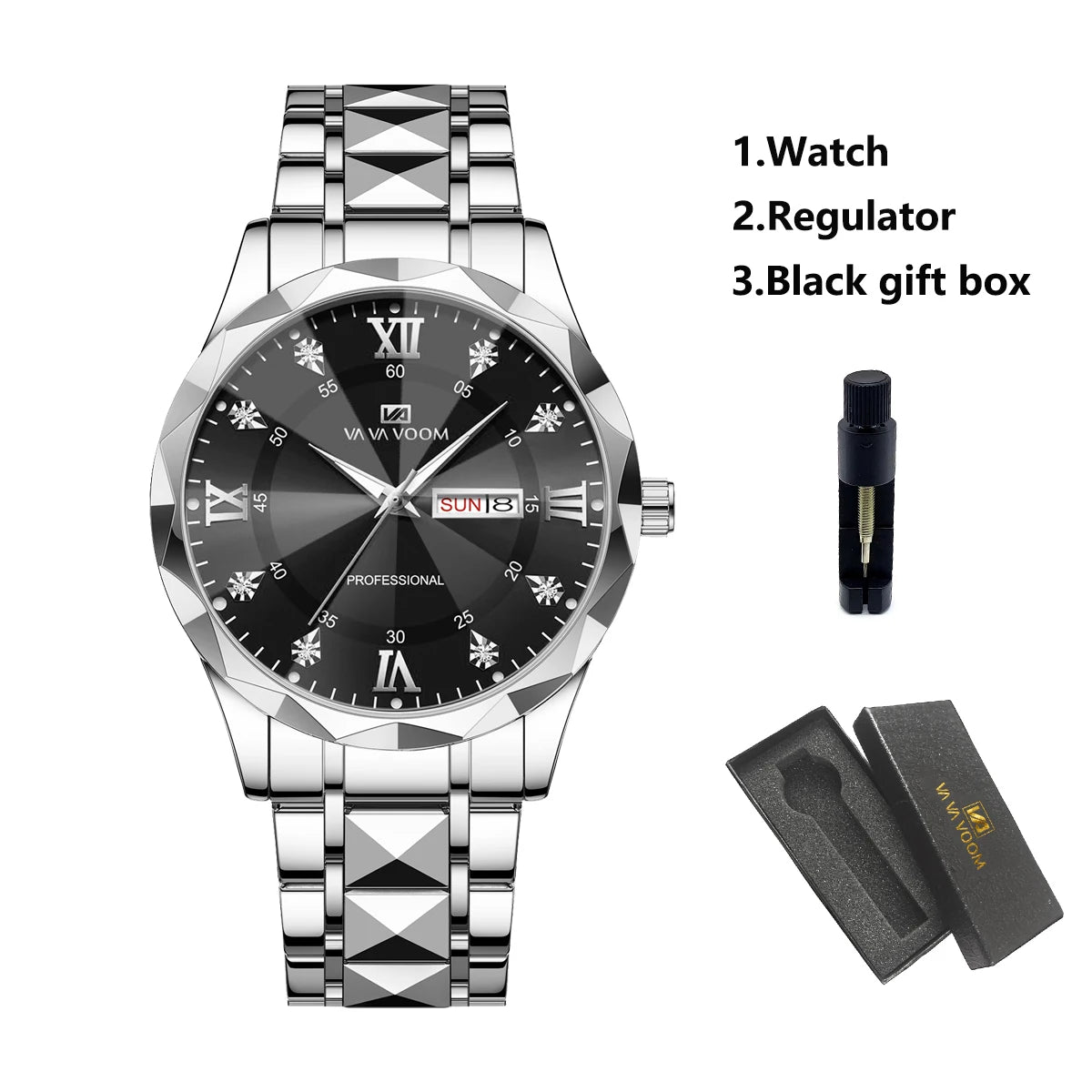 Men’s Diamond Night-Glow Business Watch by Lamp Post featuring blue and gold stainless steel, dual calendar, 41mm quartz movement