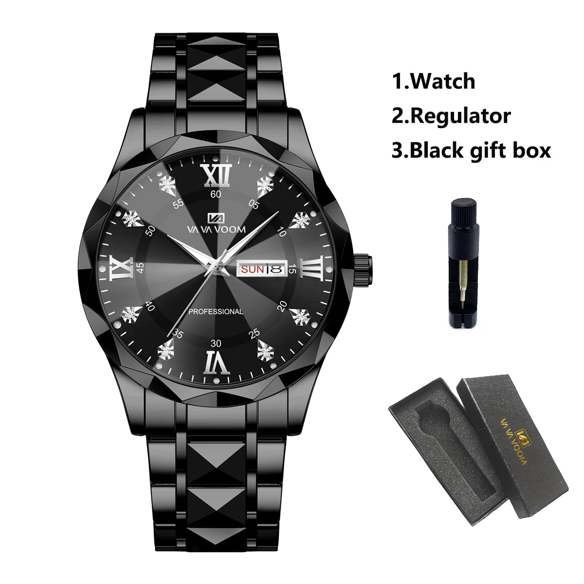 Men’s Diamond Night-Glow Business Watch by Lamp Post, 41mm blue and gold stainless steel with dual calendar quartz movement.