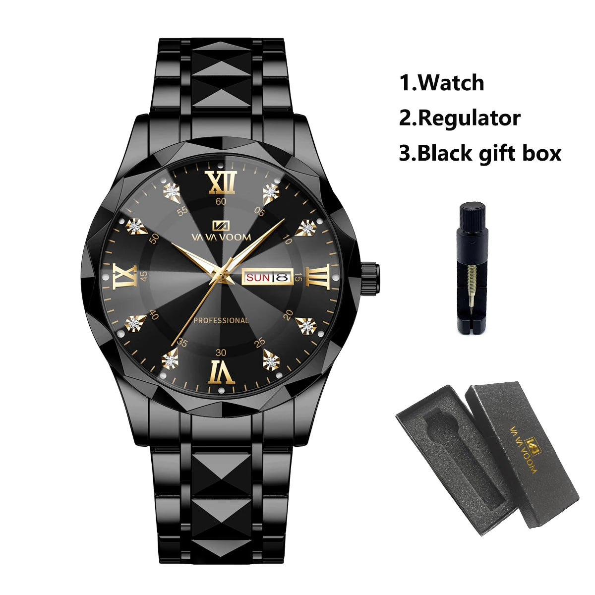 Men’s Diamond Night-Glow Business Watch by Lamp Post featuring blue and gold stainless steel, dual calendar, 41mm quartz design
