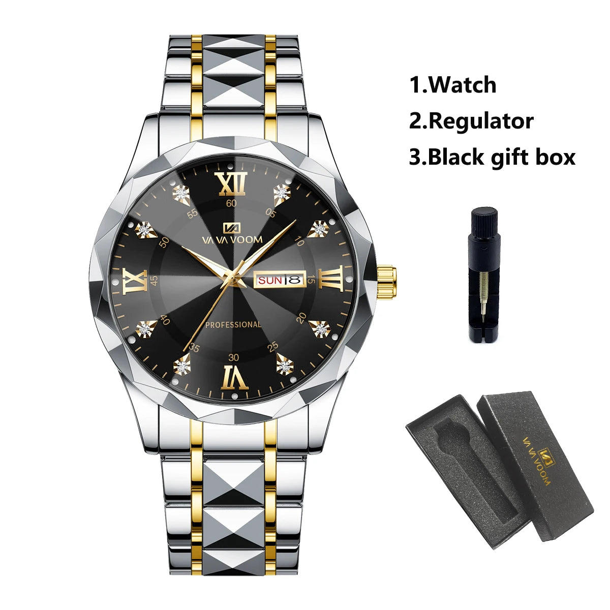 Men’s Diamond Night-Glow Business Watch by Lamp Post featuring 41mm blue and gold stainless steel with dual calendar quartz.