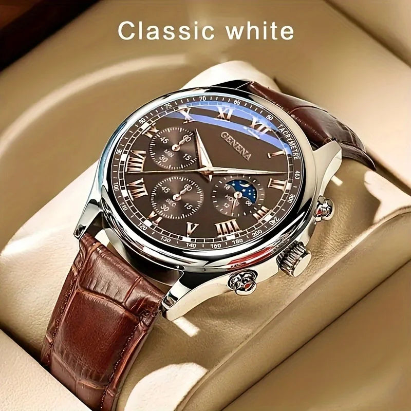 Luxury men's quartz watch by Lamp Post featuring a round dial, waterproof design, glow clock, suitable for business and sports wear.