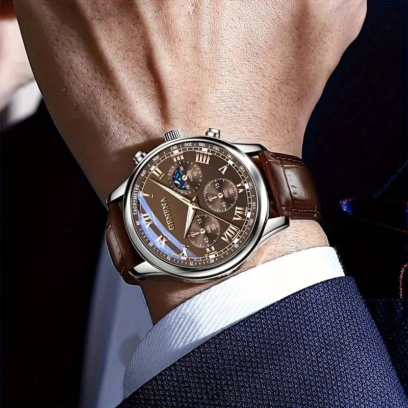 Luxury men's quartz belt watch by Lamp Post featuring a round dial, waterproof glow clock, suitable for business, sports, and casual wear.