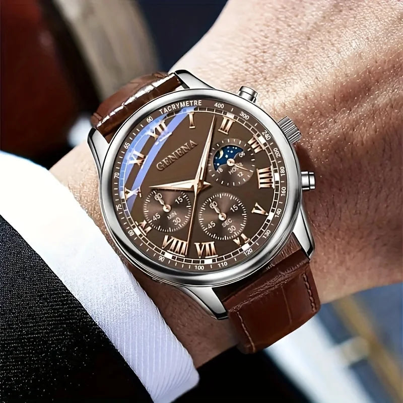 Luxury men's quartz watch with round face, waterproof design, glow clock, from Lamp Post, suitable for business, sports, and casual wear.