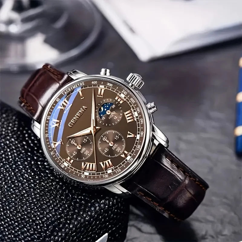 High-quality men's luxury quartz belt watch with round face, waterproof glow dial, suitable for business, sport, and casual wear by Lamp Post.