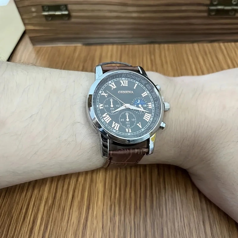 Luxury men's quartz watch by Lamp Post featuring a round face, waterproof design, glowing clock, suitable for business and sport use.