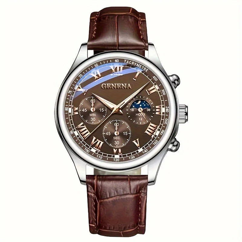 Elegant men's luxury quartz watch by Lamp Post featuring a round face, waterproof design, glow clock, suitable for business and sports.