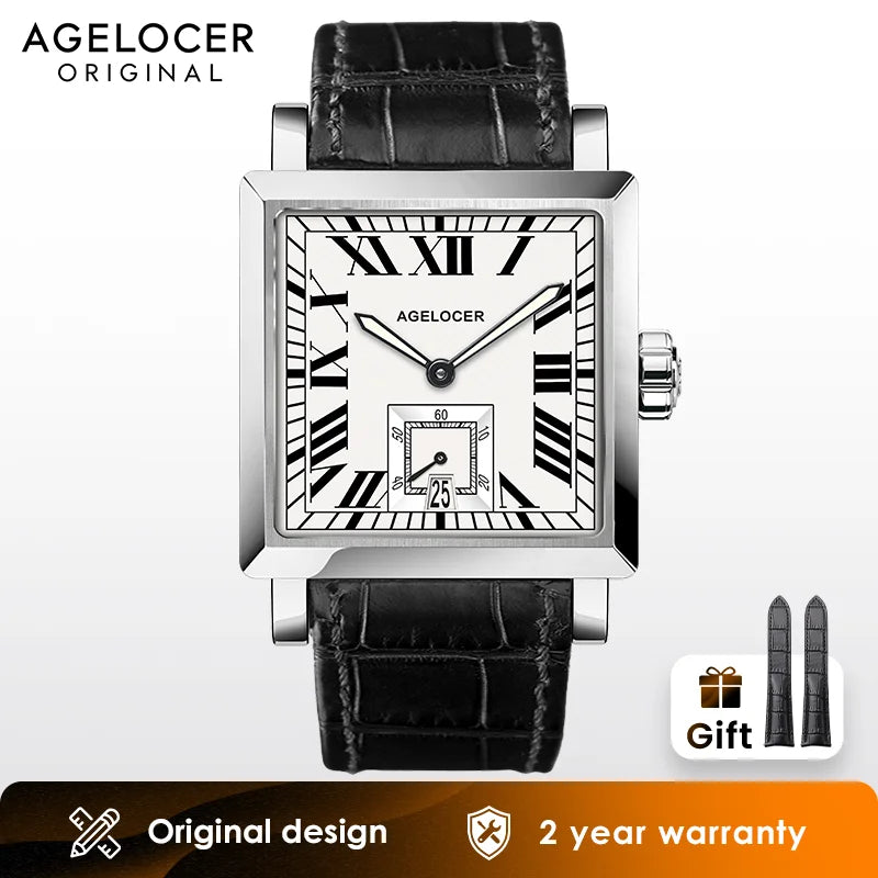 Lamp Post Original Codex men's square automatic mechanical watch with a black dial and silver case, suitable for formal business attire.