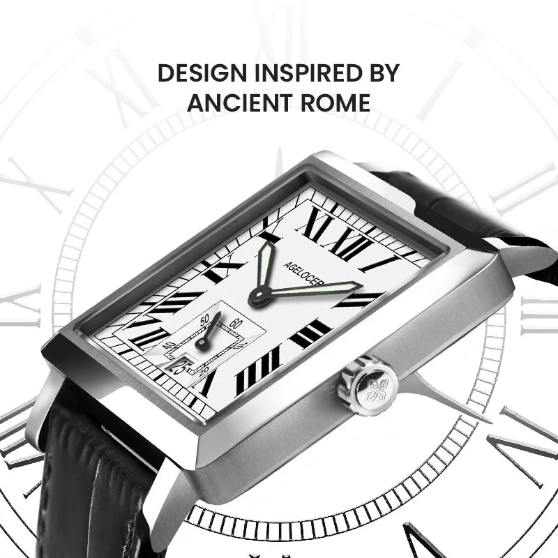 Lamp Post Original Codex men's square automatic mechanical watch with a silver dial, black leather strap, suited for business and formal wear.