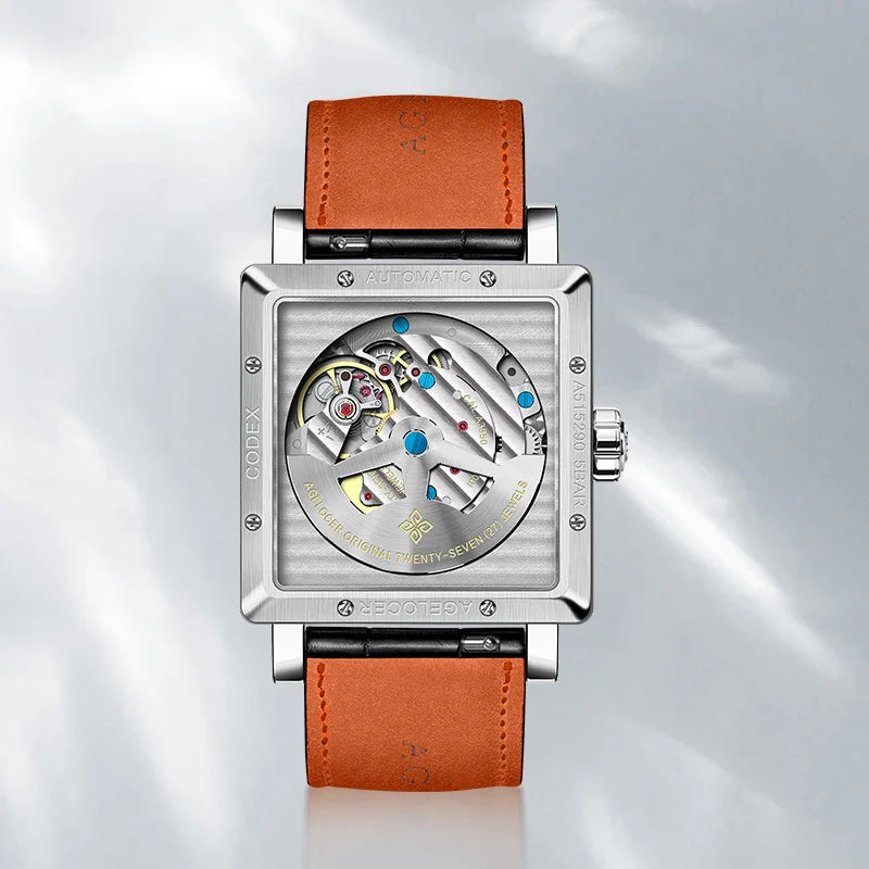 Lamp Post Original Codex men's square automatic mechanical watch with a sleek business formal design and stainless steel band.