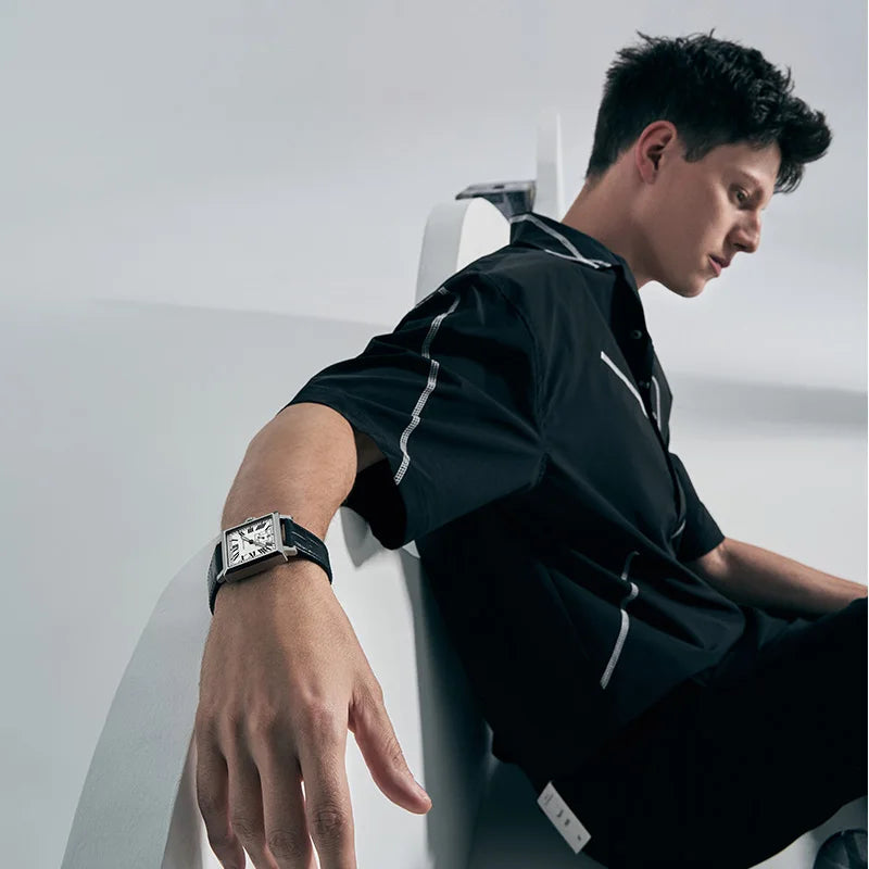 Original Codex men's square automatic mechanical watch by Lamp Post, featuring a formal design with a stainless steel band and black dial.