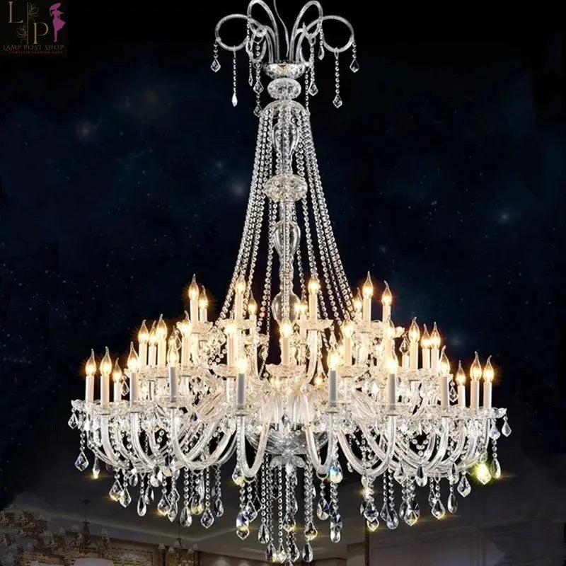 European crystal chandelier by Lamp Post with 45 warm lights, ornate design, perfect for living room decor.
