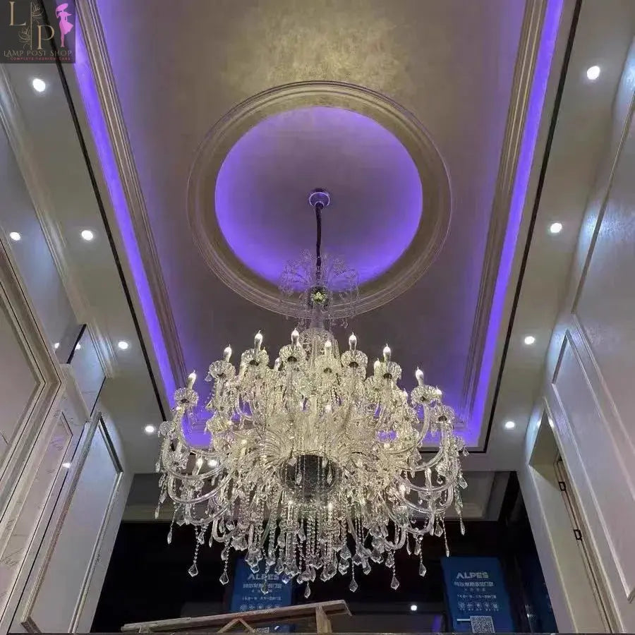 European Crystal Chandelier by Lamp Post with 45 warm lights, elegant design for living room decor featuring hanging crystals.
