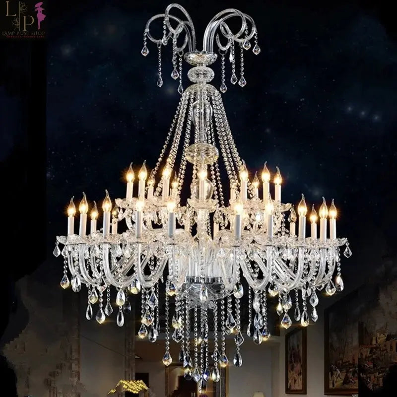 European crystal chandelier by Lamp Post with 45 warm lights, elegant design, perfect for living room decor.