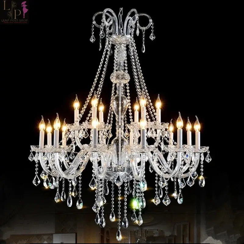 European crystal chandelier with 45 warm lights from Lamp Post, featuring elegant crystal details for living room decor.