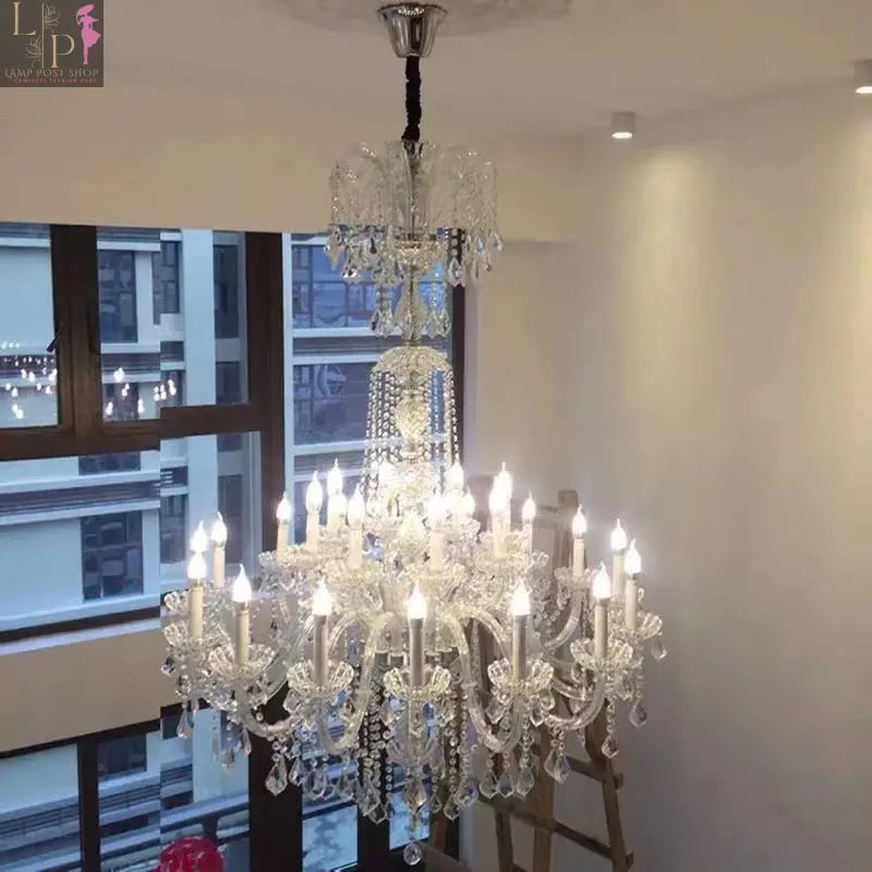 European Crystal Chandelier by Lamp Post with 45 warm LED lights, elegant crystal details for living room decor.