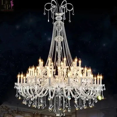 European crystal chandelier with 45 warm light bulbs, elegant design for living rooms, by Lamp Post.
