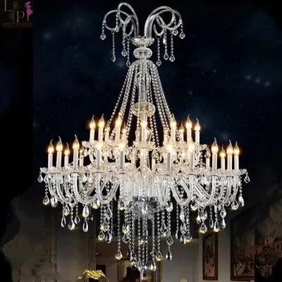 European Crystal Chandelier by Lamp Post with 45 warm LED lights, elegant hanging crystals for living room decor.