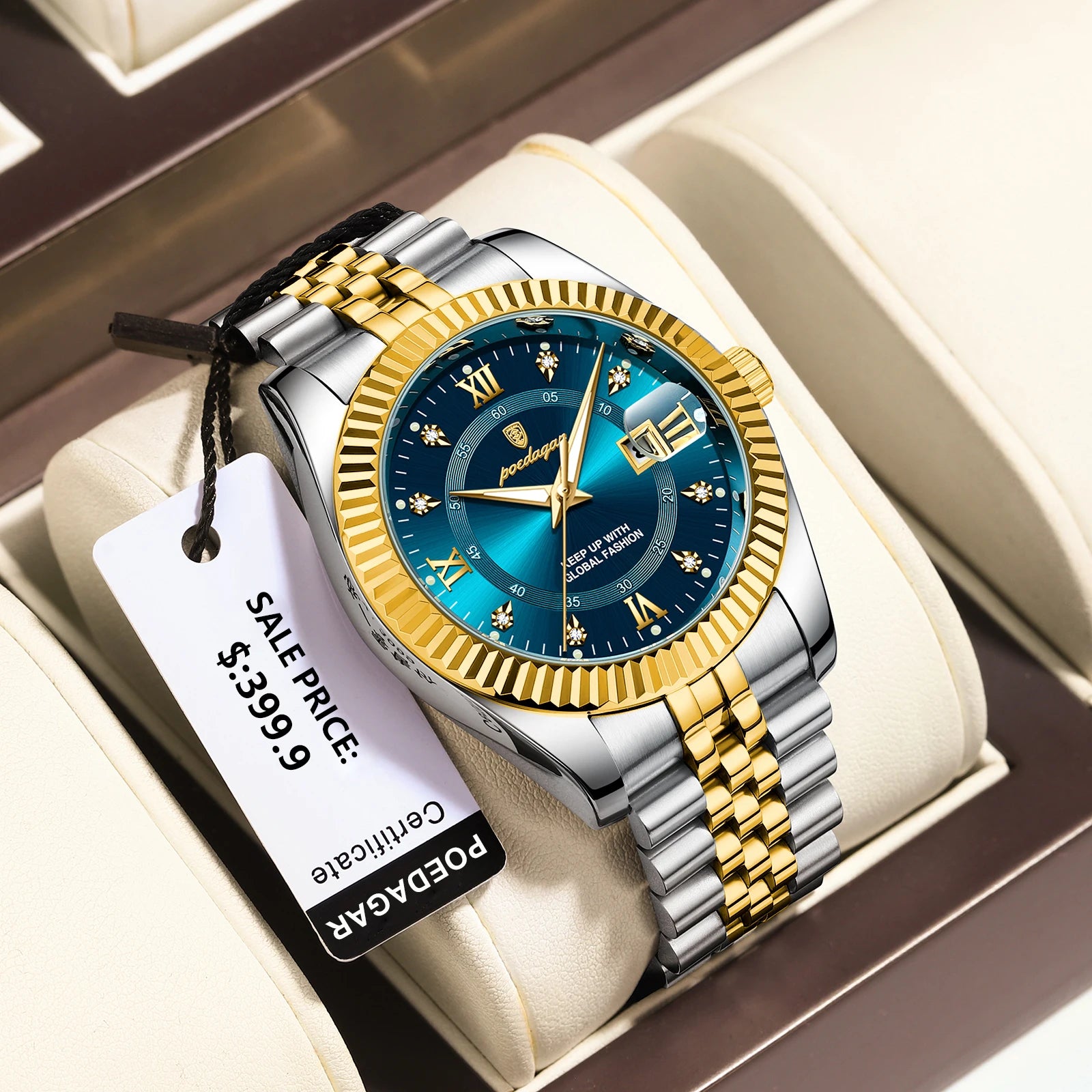 Lamp Post men's square automatic mechanical watch with gold and white dial, formal design, suitable for business or birthday gift.