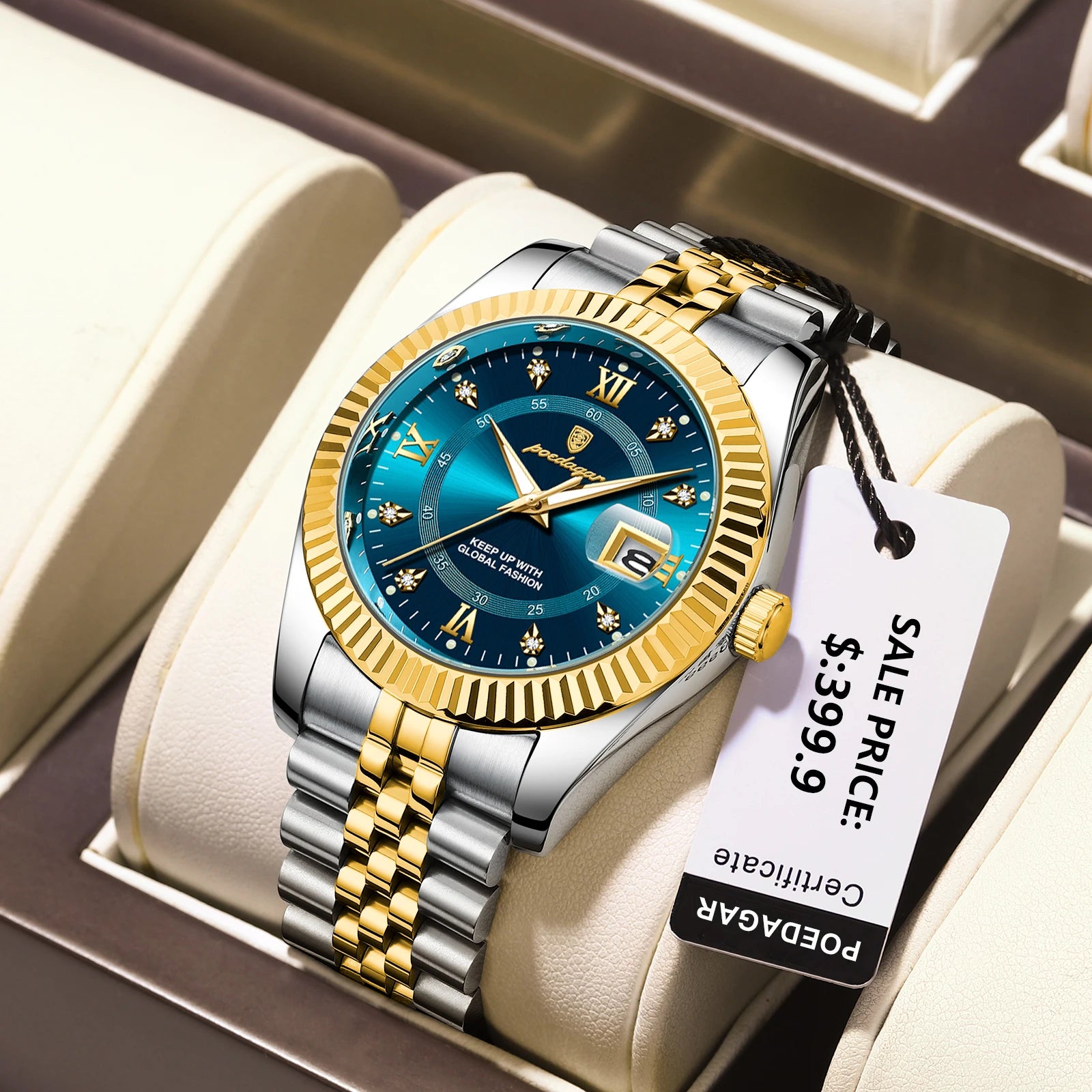Lamp Post men's square automatic mechanical watch with gold and white face, ideal for business formal wear and gifting.