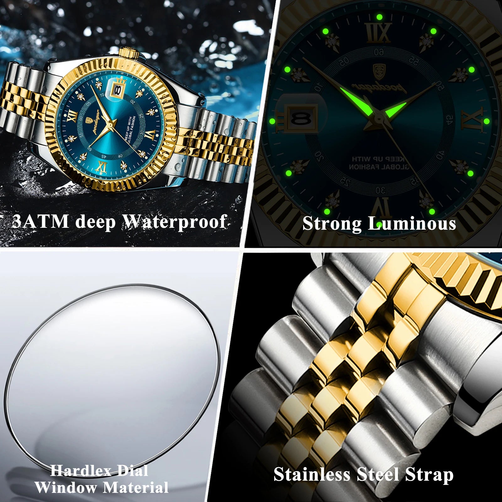 Lamp Post men's square automatic mechanical watch with gold and white dial, ideal for business formal or birthday gift.