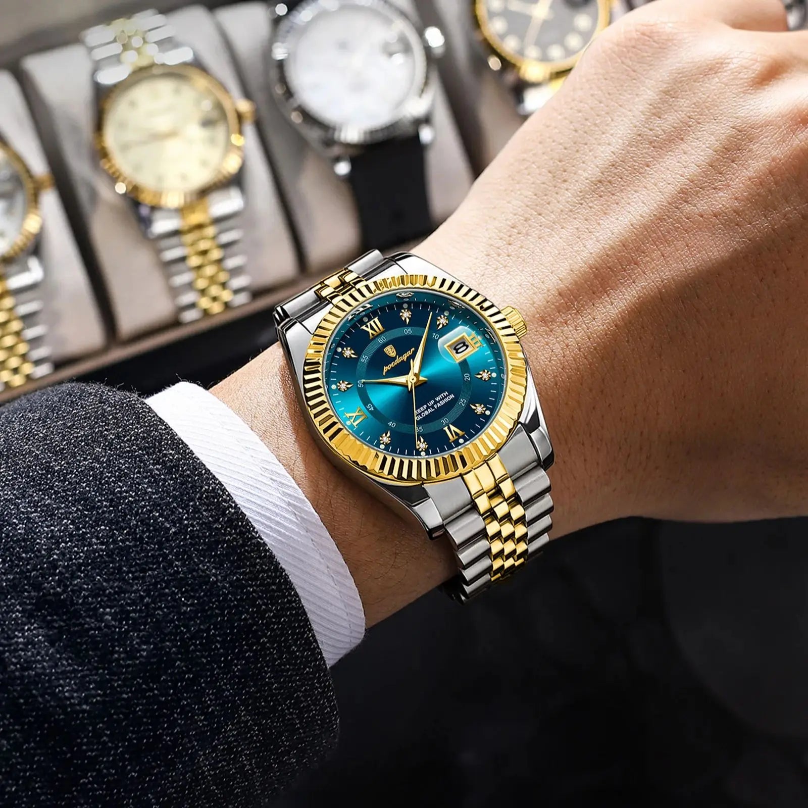 Lamp Post men's square automatic mechanical watch with gold and white dial, ideal for business formal occasions.