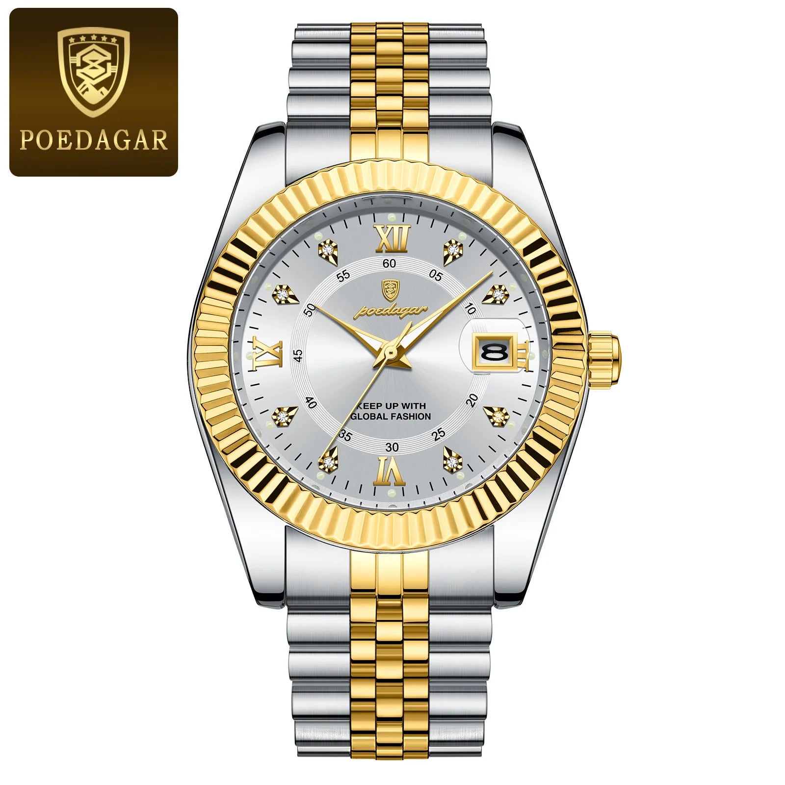Lamp Post men's square automatic mechanical watch with gold and white dial, ideal for formal business wear and special occasions.