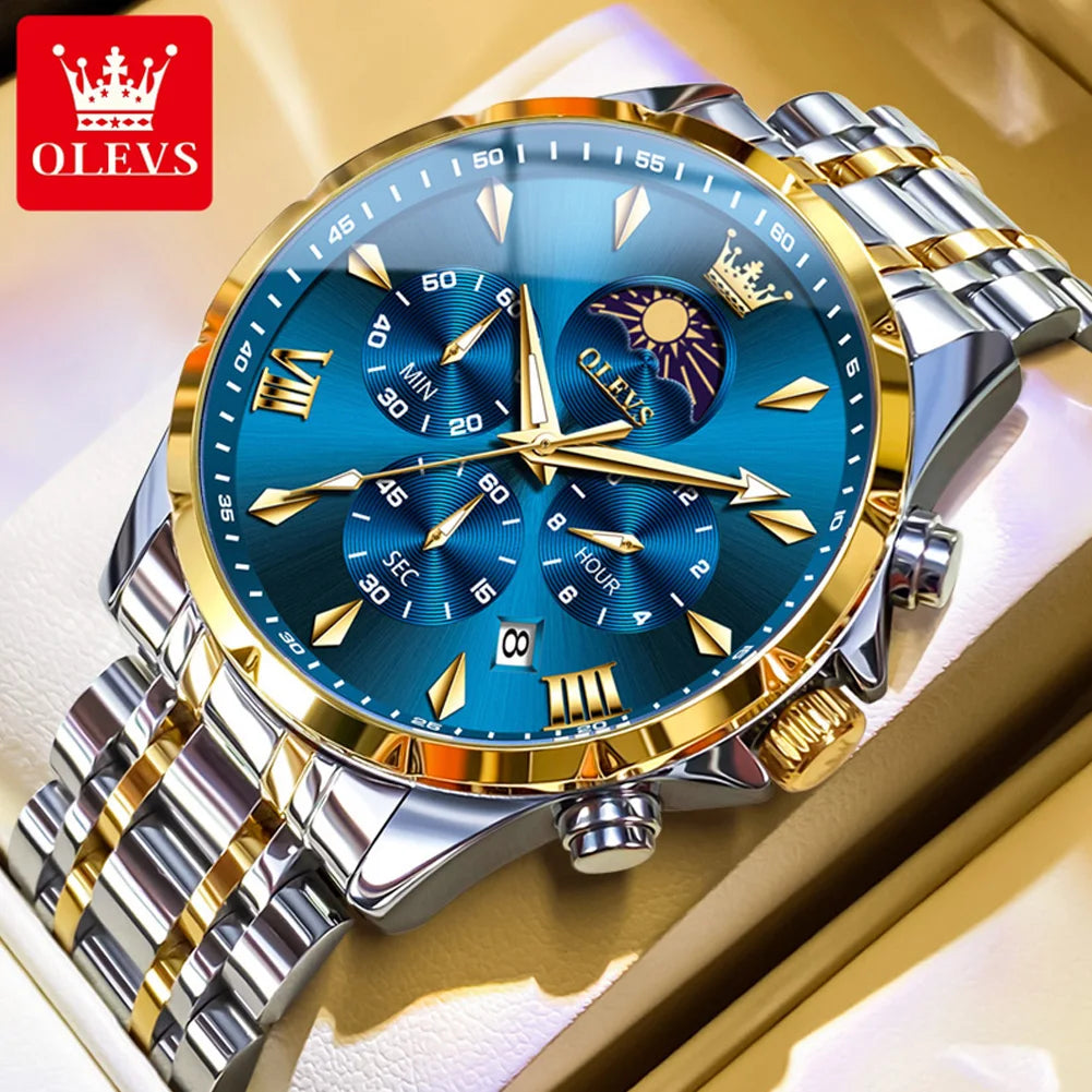 All-black Lamp Post multifunction chronograph quartz watch with moon-phase display, luminous hands, and 30M water resistance.