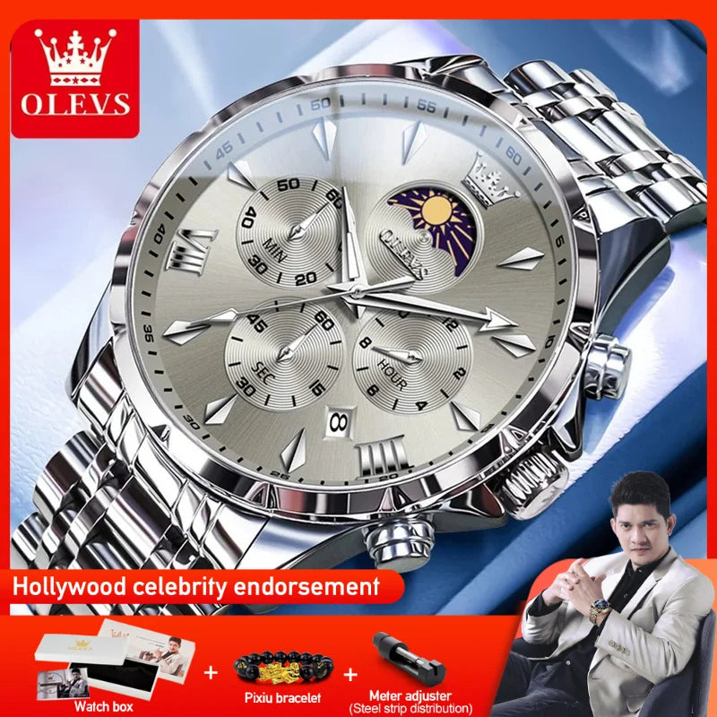 All-black Lamp Post multifunction chronograph quartz watch with luminous moon-phase display and 30M water resistance.