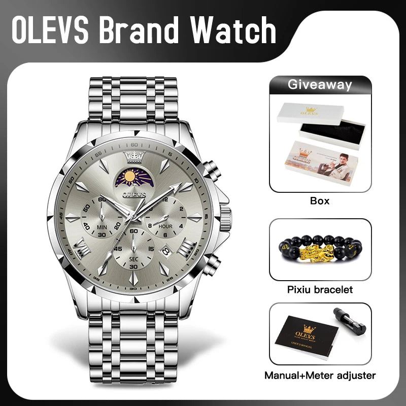 All-black Lamp Post multifunction chronograph quartz watch with luminous moon-phase display and 30M water resistance.