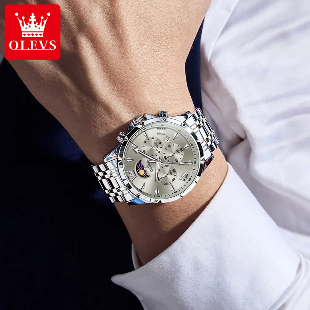 All-black Lamp Post multifunction chronograph quartz watch with luminous moon-phase display and 30M water resistance.