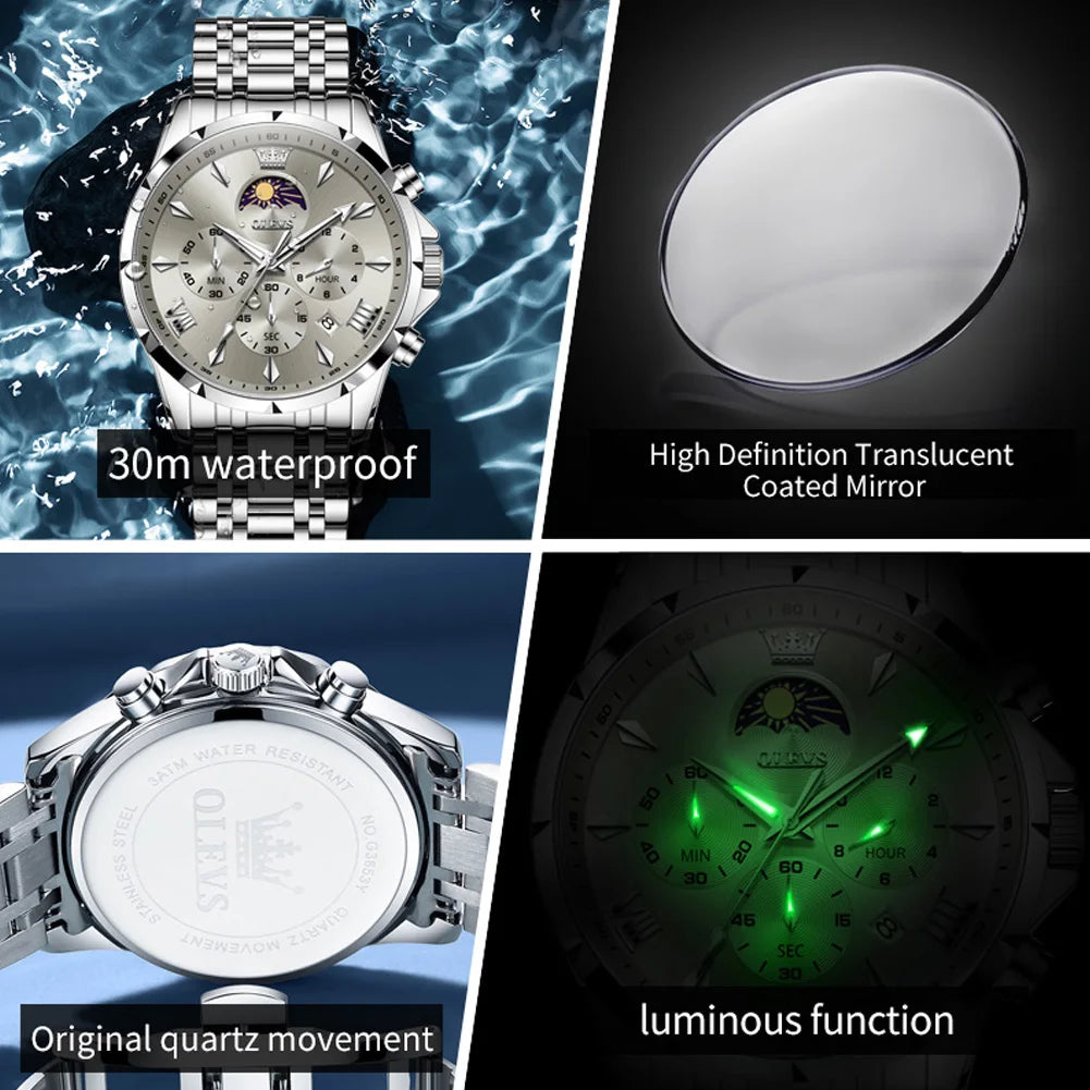 All-black Lamp Post multifunction chronograph quartz watch with luminous moon-phase display and 30M water resistance.