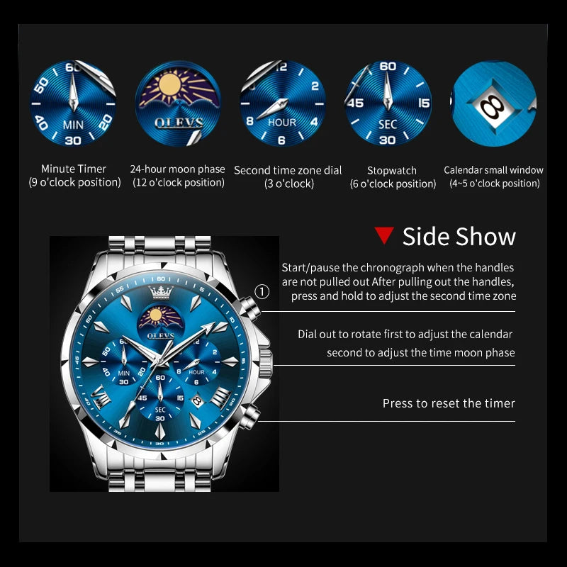 All-black Lamp Post multifunction chronograph quartz watch with luminous moon phase display and 30M water resistance.