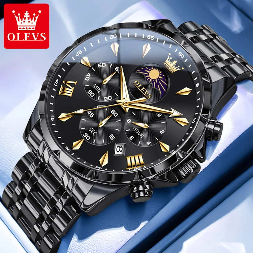All-black Lamp Post multifunction chronograph quartz watch with luminous moon-phase display and 30M water resistance.