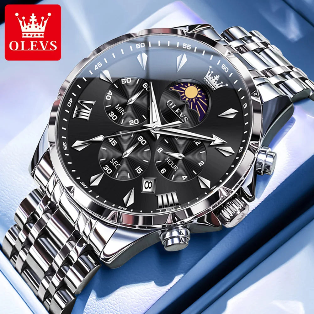 All-black Lamp Post multifunction chronograph quartz watch with luminous moon-phase display and 30M water resistance.