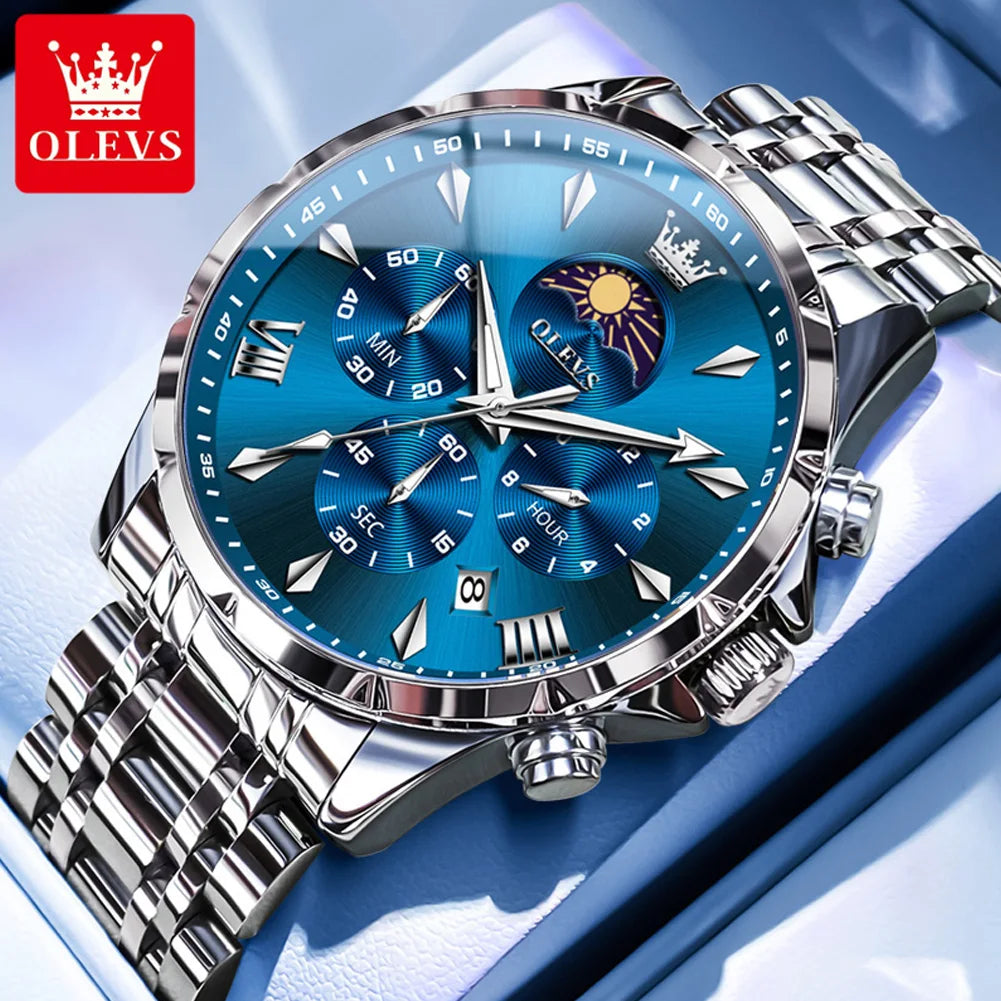 All-black Lamp Post multifunction chronograph quartz watch with luminous moon-phase display and 30M water resistance.