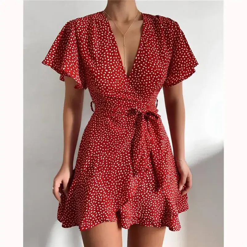 Light orange summer V-neck ruffle dress for women by Lamp Post, featuring a flowy, sleeveless design perfect for warm weather.