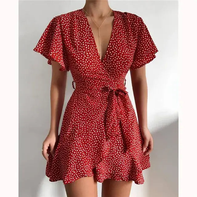 Apricot summer V-neck ruffle dress for women by Lamp Post, featuring lightweight fabric and feminine design.