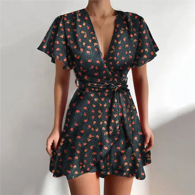 Light apricot summer v-neck ruffle dress for women by Lamp Post, featuring a stylish and breezy design perfect for warm weather.