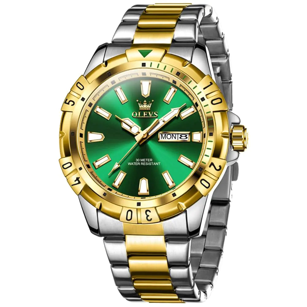 Men's gold and silver stainless steel quartz watch with green dial and two-tone bracelet by Lamp Post.