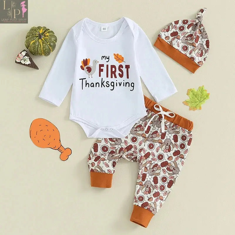 Baby boy's Thanksgiving clothes set by Lamp Post, 0-12 months, includes a cute baby dress for special holiday occasions.