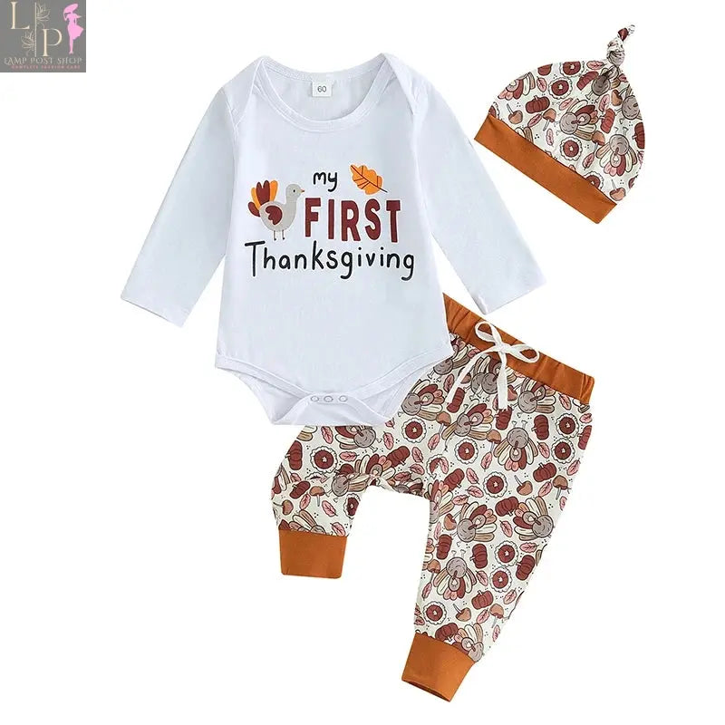 Baby boy Thanksgiving clothes set by Lamp Post, 0-12 months, includes a cute baby dress with festive fall design for special occasions.