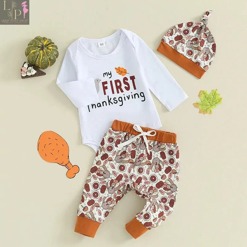 Baby boy's 0-12 months Thanksgiving clothes set by Lamp Post, includes a cute baby dress suitable for festive occasions.