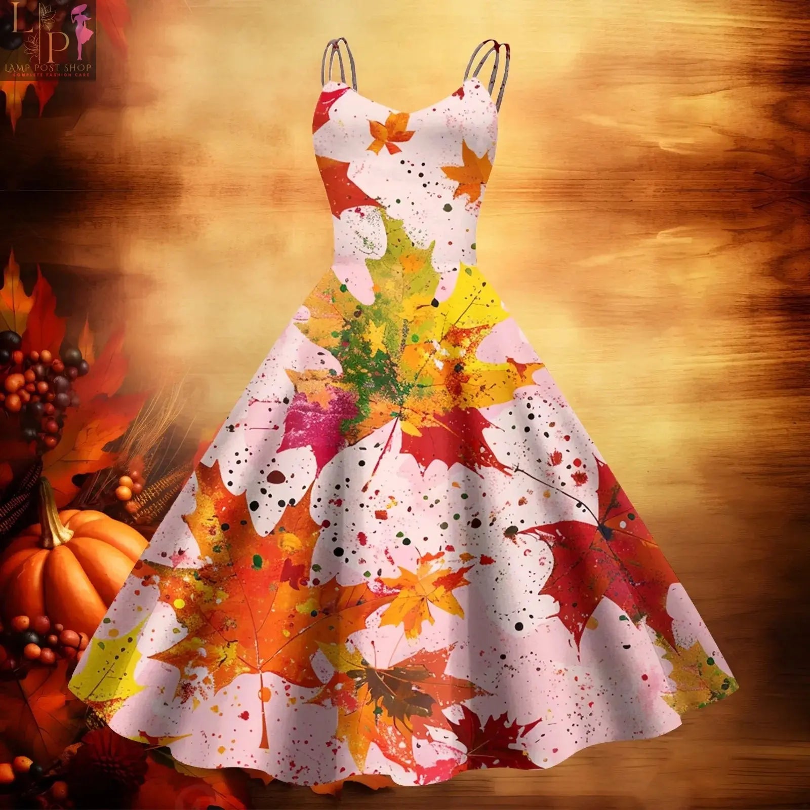 Beige V-neck baby dress by Lamp Post featuring a large swing style with elegant maxi length and Thanksgiving-themed printed straps.