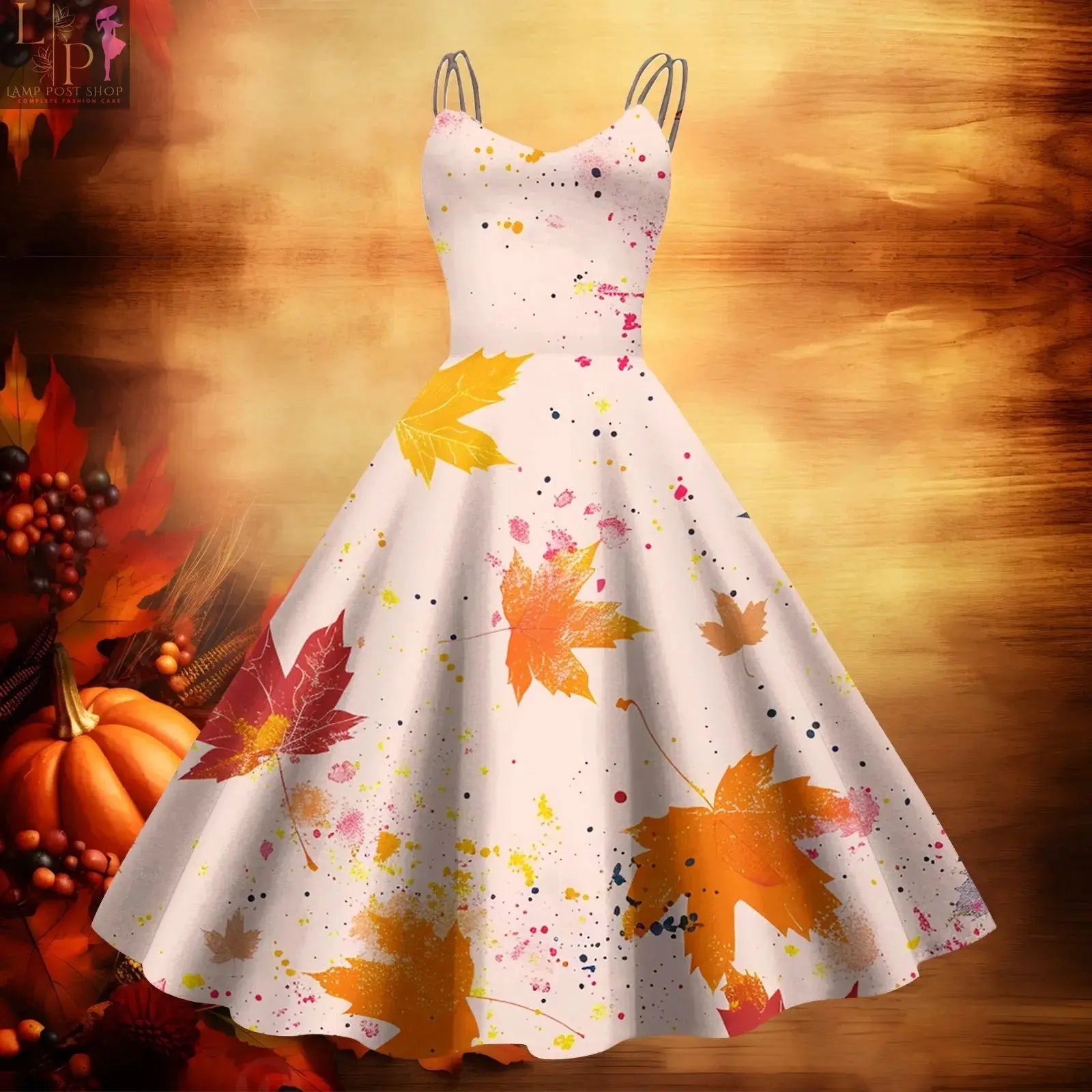 Beige V-neck baby dress by Lamp Post featuring a large swing shape, elegant maxi style, and Thanksgiving-themed print with straps.