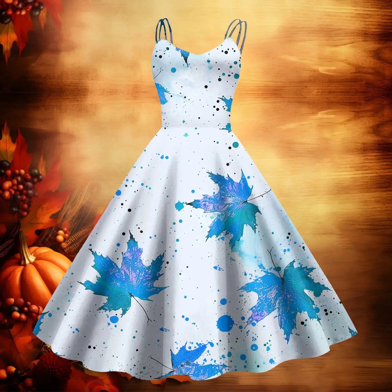 Beige V-neck baby dress by Lamp Post featuring a large swing design with elegant maxi style and Thanksgiving print straps.